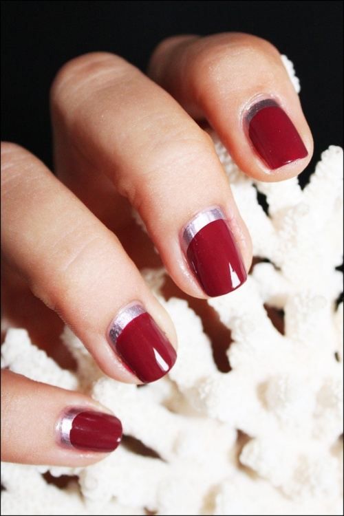 Red And Silver Reverse French Tip Nail Art