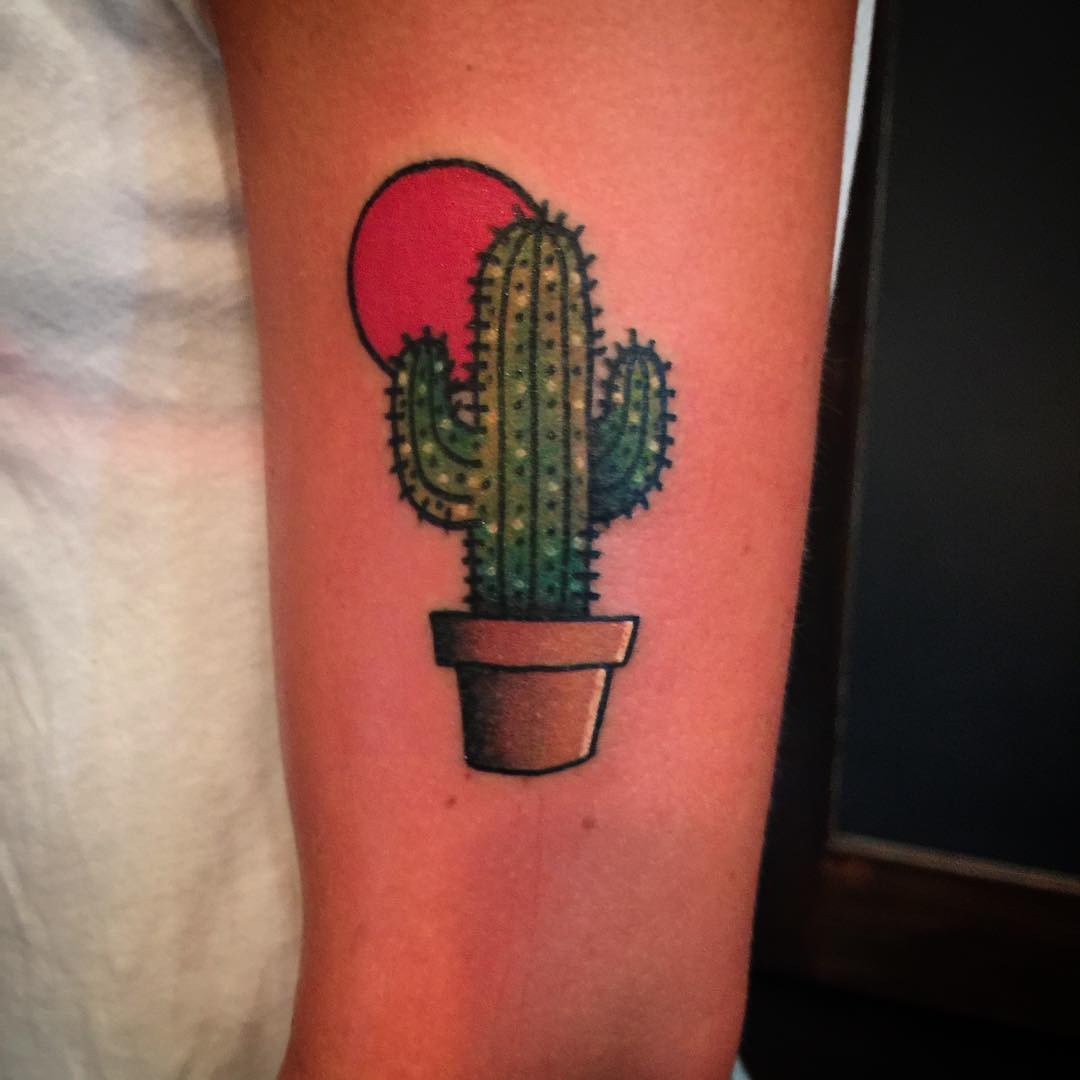 Red Circle And Saguaro Cactus Traditional Tattoo On Half Sleeve