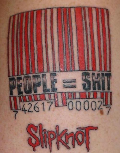 Red Color Slipknot Word With Bar Code Tattoo