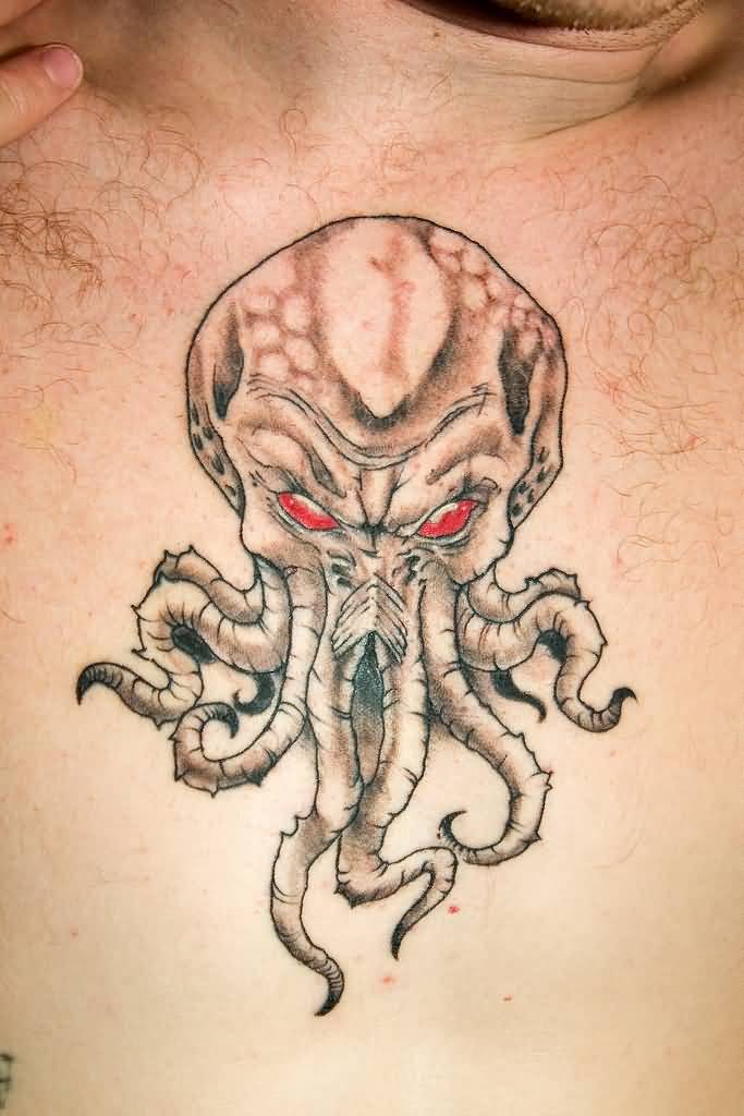 Red Eyes Cthulhu Tattoo On Chest