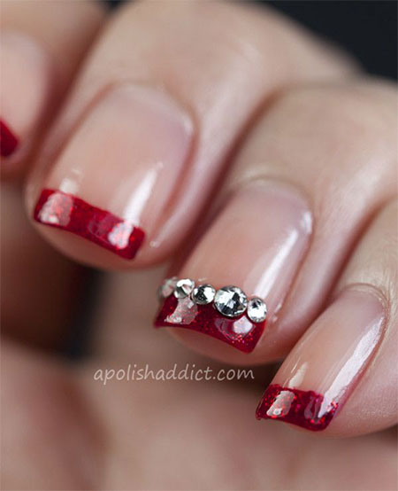 Red French Tip Wedding Nail Art With Rhinestones Design