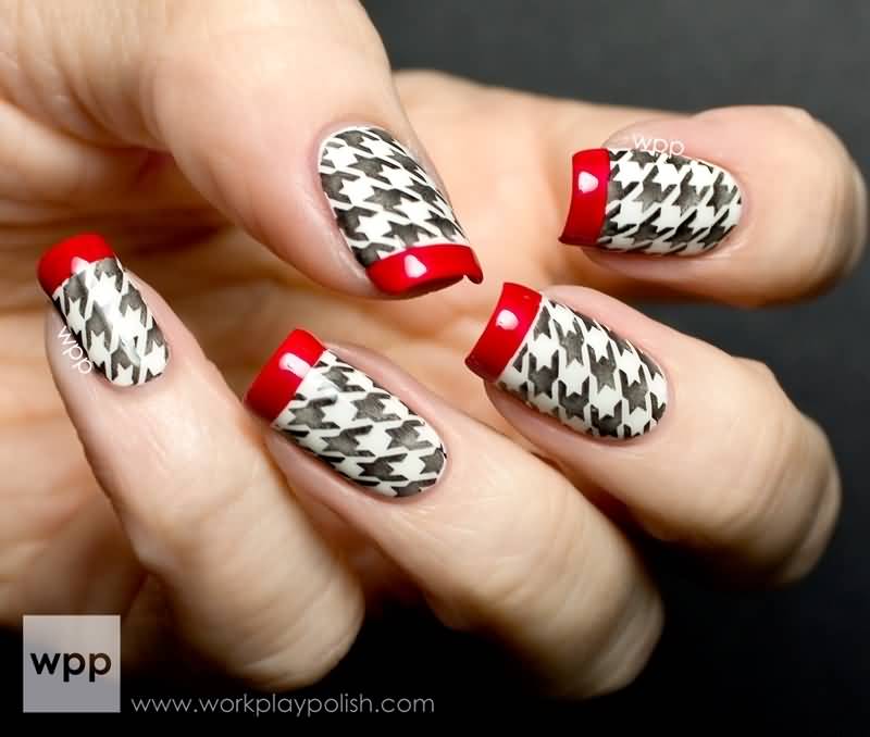 Red French Tip With Grey Houndstooth Nail Art