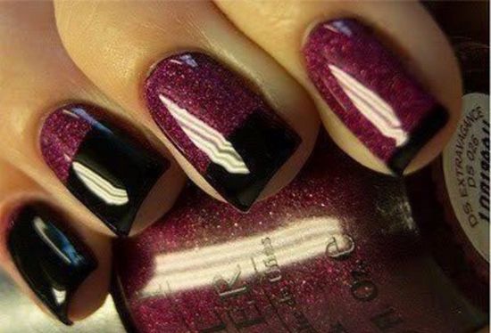 Red Gel Nails With Black French Tip Nail Design Idea