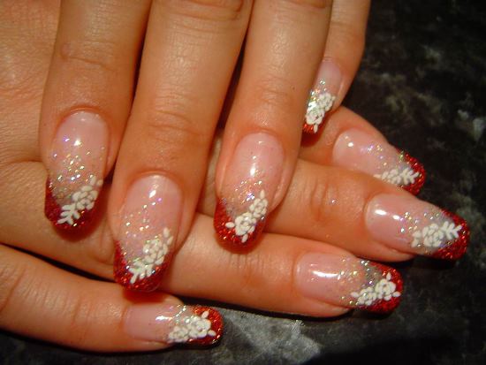 Red Glitter French Tip Wedding Nail Design With White Flowers