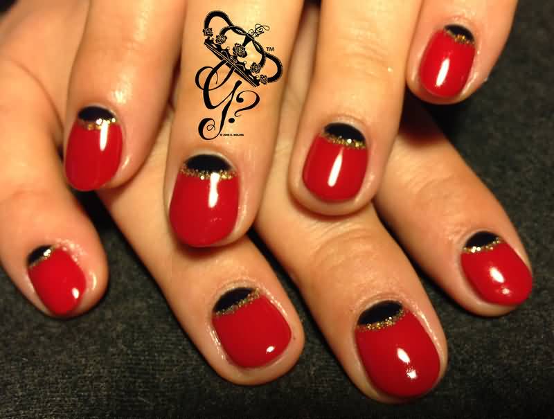 Red Glossy Nails With Halfmoon Black Nail Art