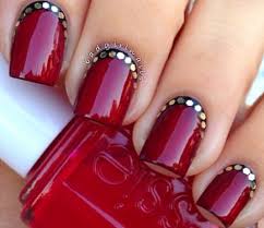 Red Glossy Nails With Rhinestones Design Reverse French Tip Nail Art