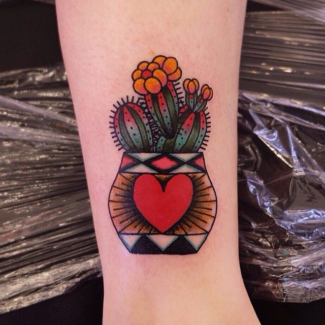 Red Heart On Pot And Cactus With Flowers Traditional Tattoo