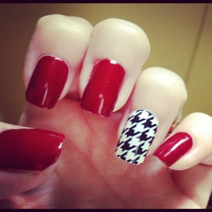Red Nails With Accent Black And White Houndstooth Nail Art