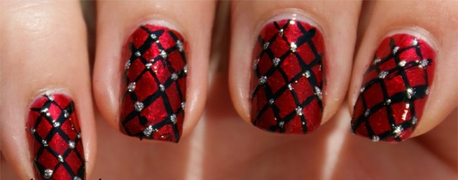 Red Nails With Black Corset Design Nail Art