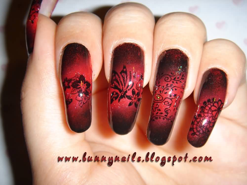 Red Nails With Black Flowers And Butterfly Design Nail Art