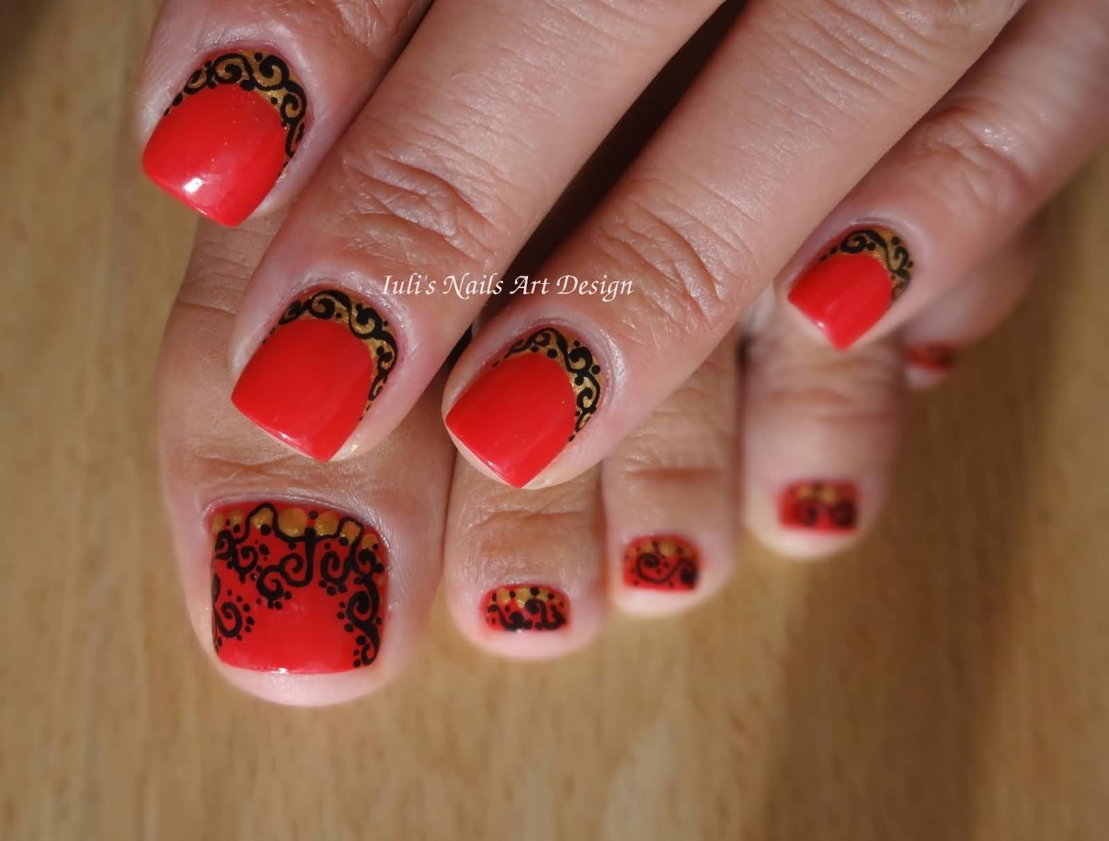 Red Nails With Black Lace Design Reverse French Tip Nail Art