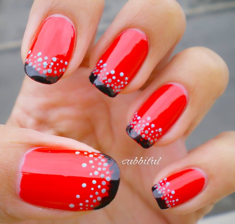Red Nails With Blue Dots And Black Tip Nail Art