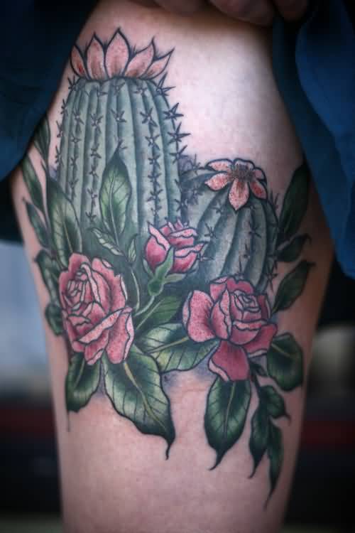 Red Roses And Cactus Tattoo On Thigh