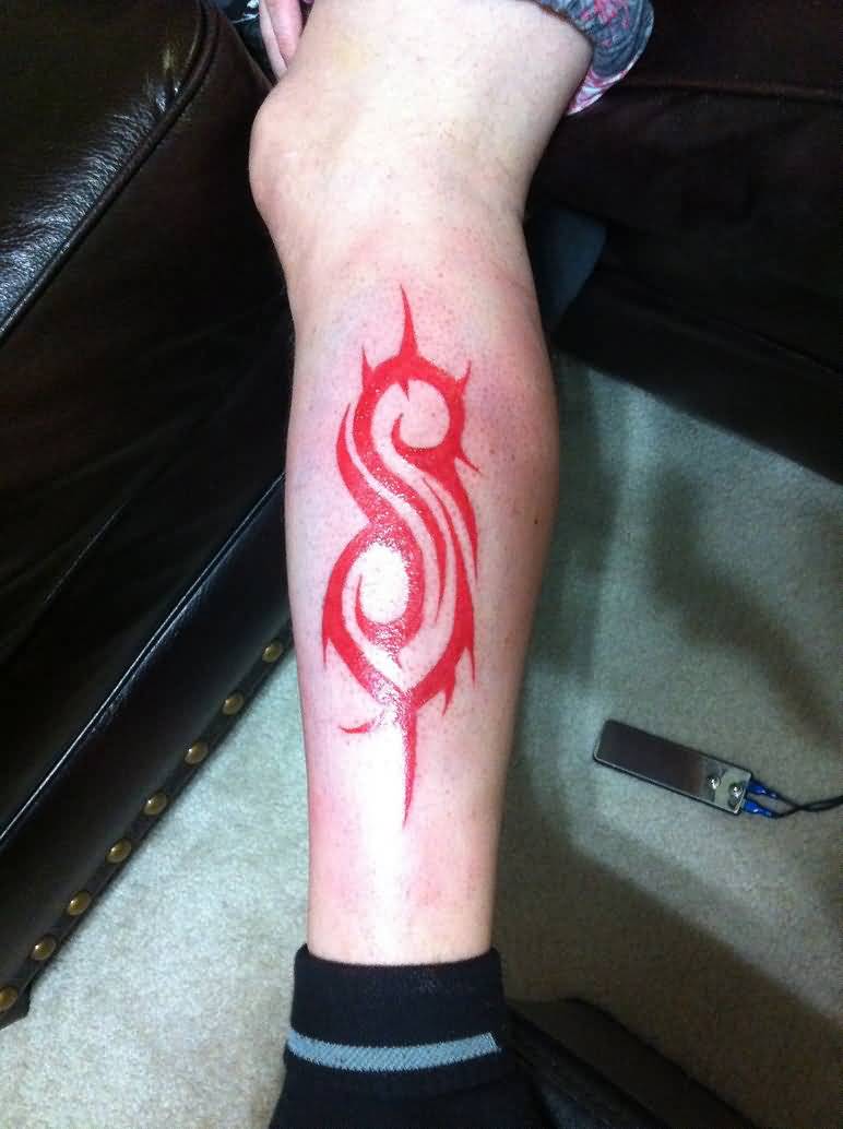 Red Slipknot Tribal Logo Tattoo On Leg By Jnjnguyen26