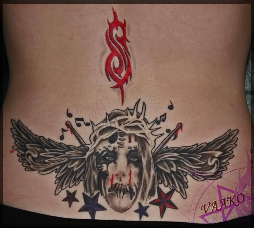 Red Slipknot Tribal Logo With Member Having Angel Wings Tattoo On Lower Back
