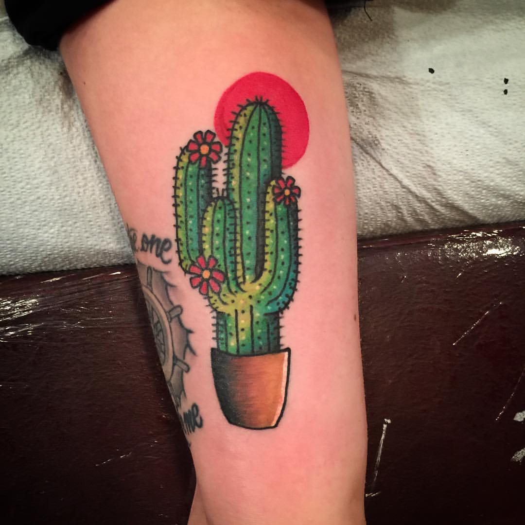 Red Sun And Cactus With Pot Traditional Tattoo On Bicep
