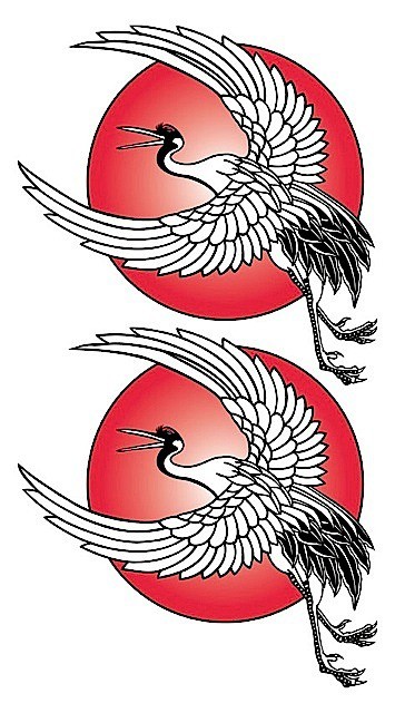 Red Sun And Flying Crane Tattoos Design