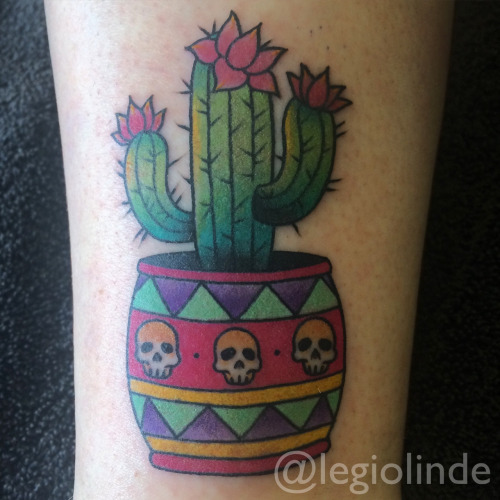 Saguaro Cactus Flowers And Skulls On Pot Traditional Tattoo