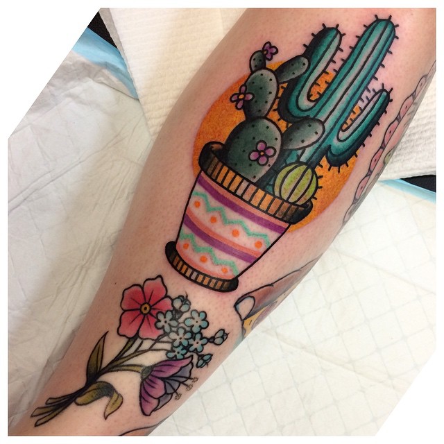 Saguaro Cactus In Pot And Flowers Traditional Tattoo