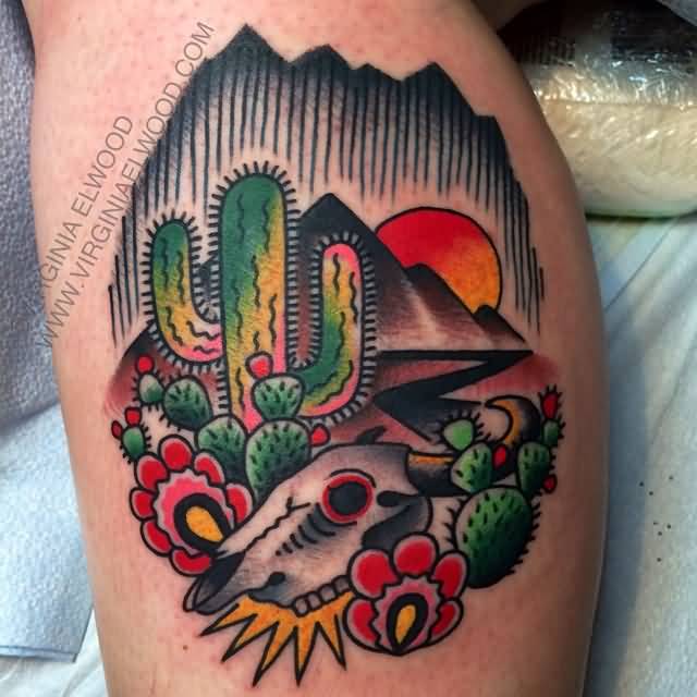 Saguaro Cactus With Cow Skull And Desert Traditional Tattoo