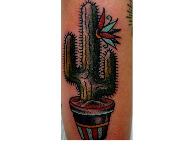 Saguaro Cactus With Red And Blue Flower Traditional Tattoo