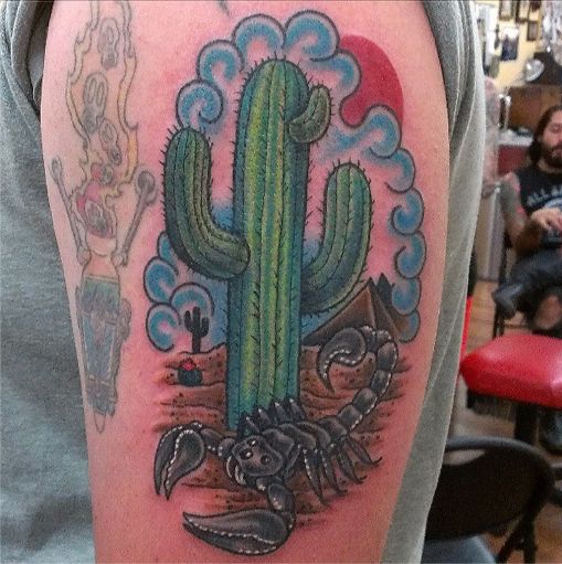 Saguaro Cactus With Scorpio And Clouds Traditional Tattoo On Half Sleeve By Chris Cotner