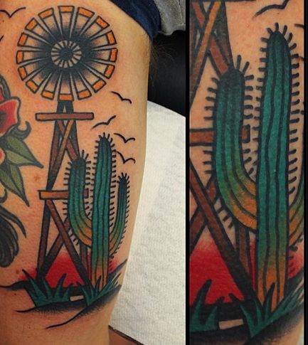 Saguaro Cactus With Wind Mill Traditional Tattoo