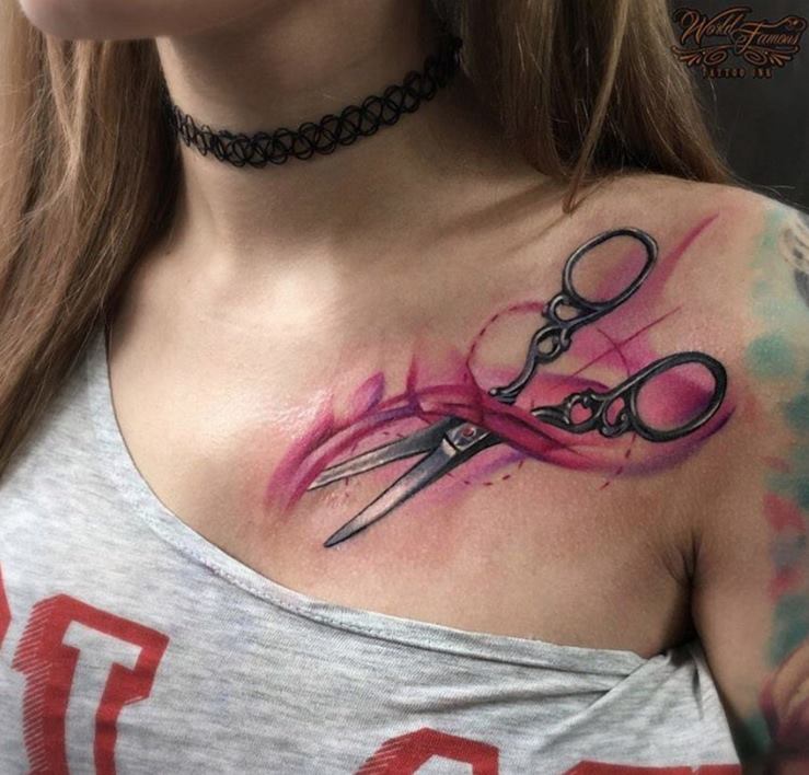 Scissor Tattoo On Girl Left Collar Bone