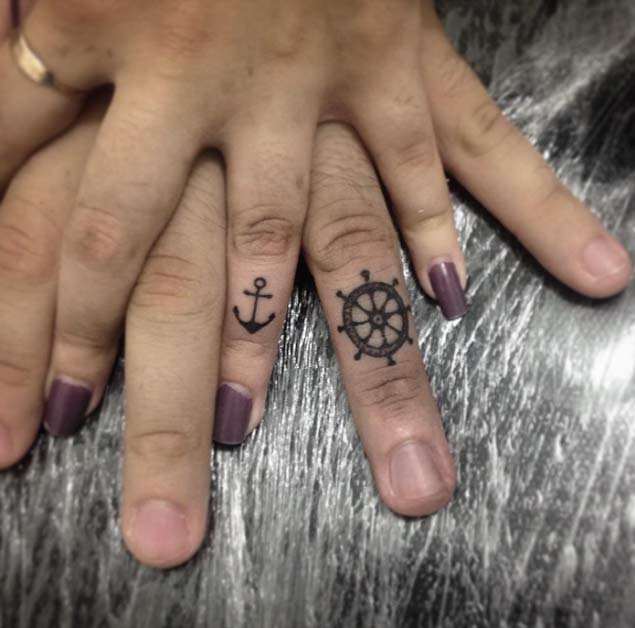 Ship Wheel And Anchor Matching Tattoos On Finger By Gustavo Pacheco