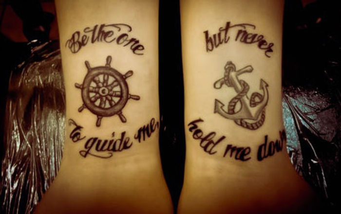 Ship Wheel With Anchor And Quotes Matching Tattoos On Wrists