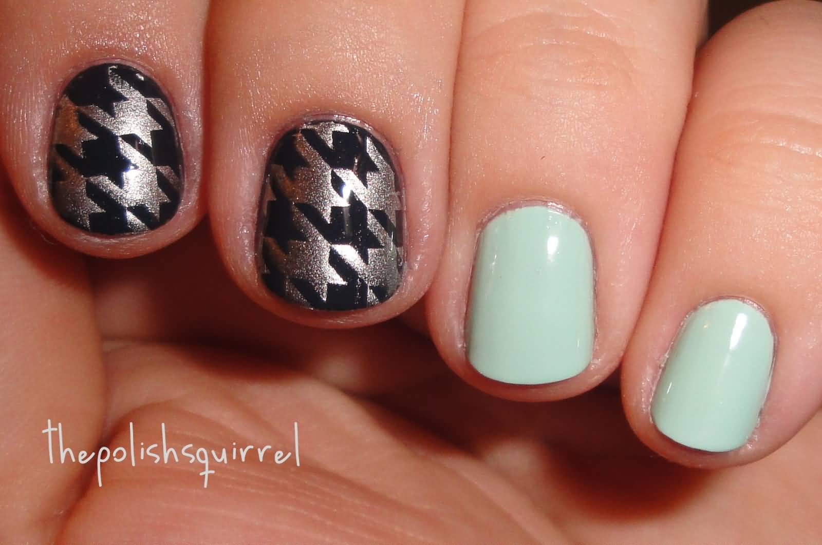 Silver And Black Houndstooth Nail Art
