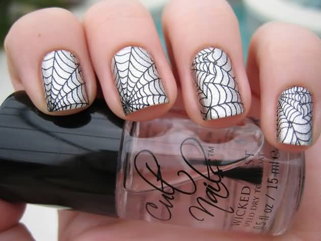 Silver Nails With Spiderweb Halloween Nail Art