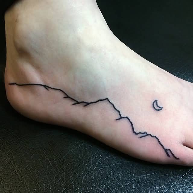 Simple Mountains Range With Half Moon Outline Tattoo On Foot