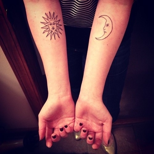Simple And Small Moon And Sun Matching Tattoos On Both Forearms