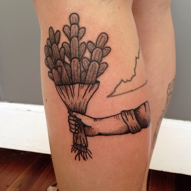 Simple Black And Grey Cactus Present Tattoo On Leg By J Fleming