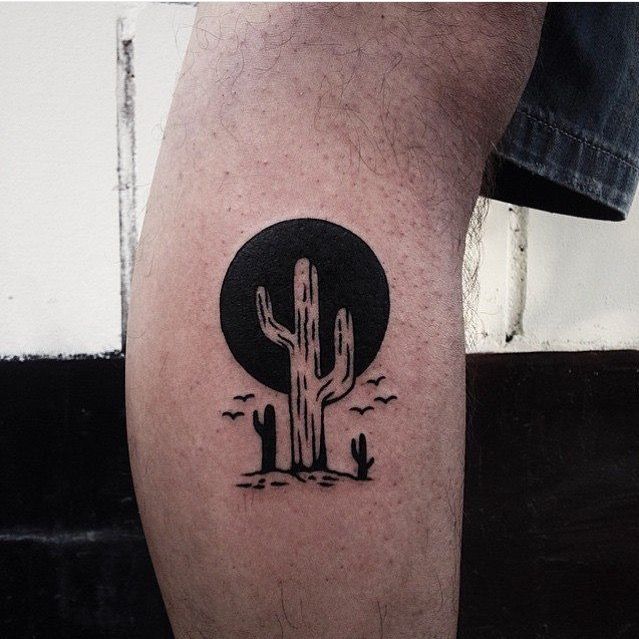 Simple Black And White Cactus Plants And Circle  Tattoo