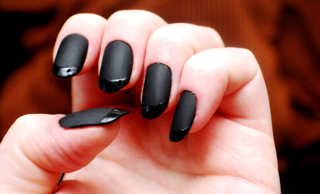 Simple Black Matte Nail Art With Glossy French Tip Design