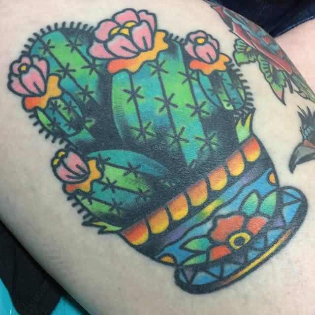 Simple Cactus And Flowers In Pot Traditional Tattoo