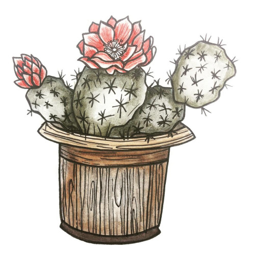 Simple Cactus With Red Flowers In Pot Tattoo Design