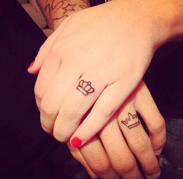 Simple Crowns Matching Couple Tattoos On Fingers