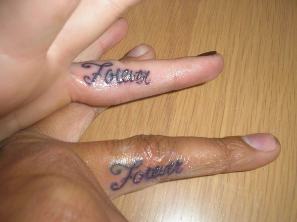 Simple Forever Word Matching Fingers Tattoos