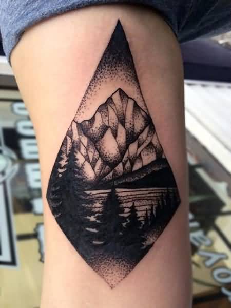 Simple Geometric Mountains Landscape Tattoo On Bicep