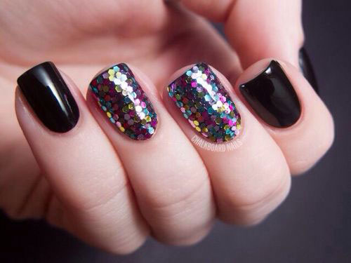 Simple Glossy Black Nails With Colorful Sprinkles Design