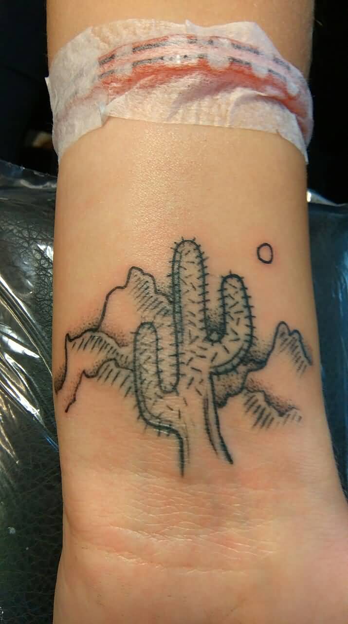 Simple Mountains With Saguaro Cactus Tattoo On Wrist