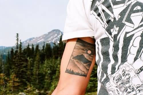 Simple Mountains With Sun In Square Shape Tattoo On Bicep