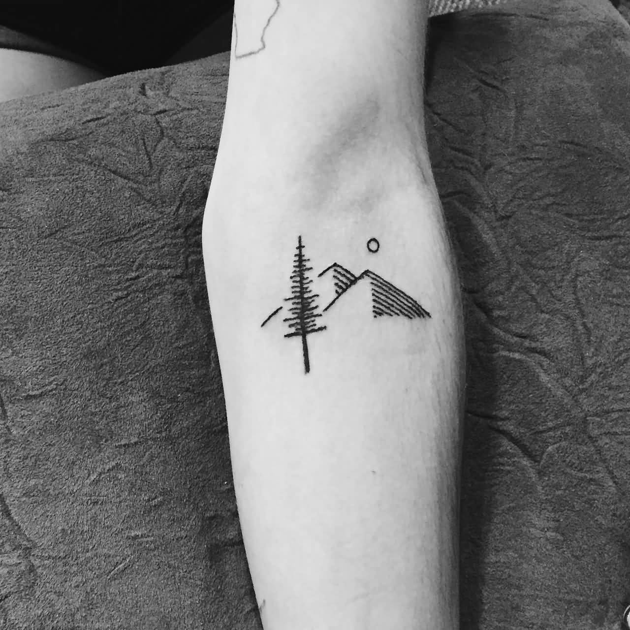 Simple Mountains With Tree Tattoo On Forearm
