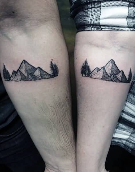 Simple Pine Trees With Mountains Matching Tattoos On Forearms