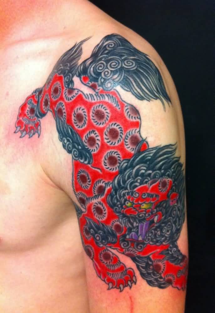 Simple Red And Black Color Foo Dog Tattoo On Left Sleeve
