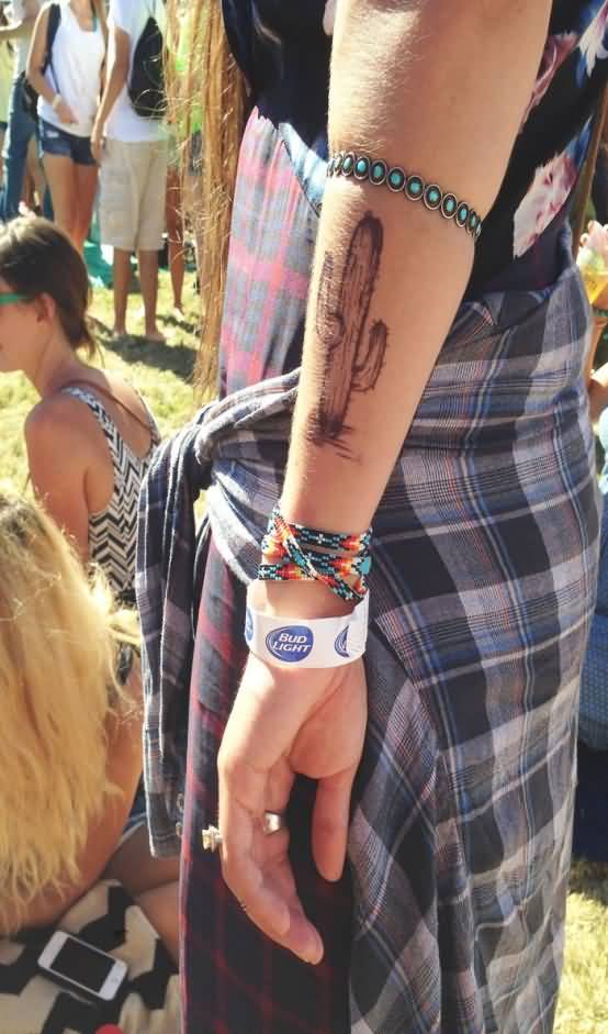 Simple Saguaro Cactus Arm Sleeve Tattoo