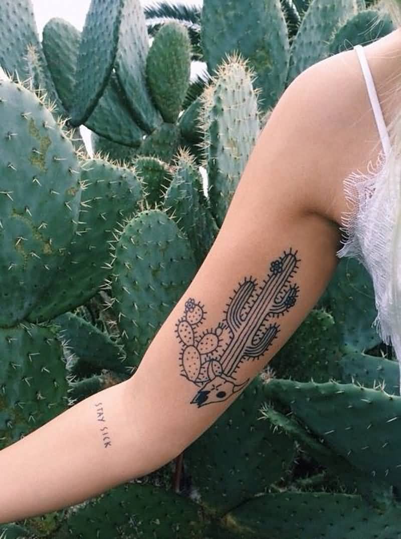 Simple Saguaro Cactus With Cow Skull Tattoo On Bicep